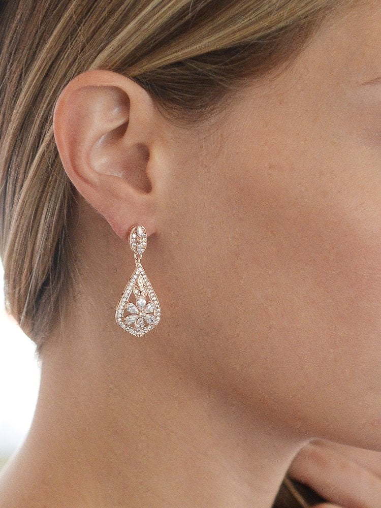Mariell CZ Clip On Rose Gold Earrings - Art Deco Jewelry for Weddings, Bridal, Bridesmaids & Formals - Image 3